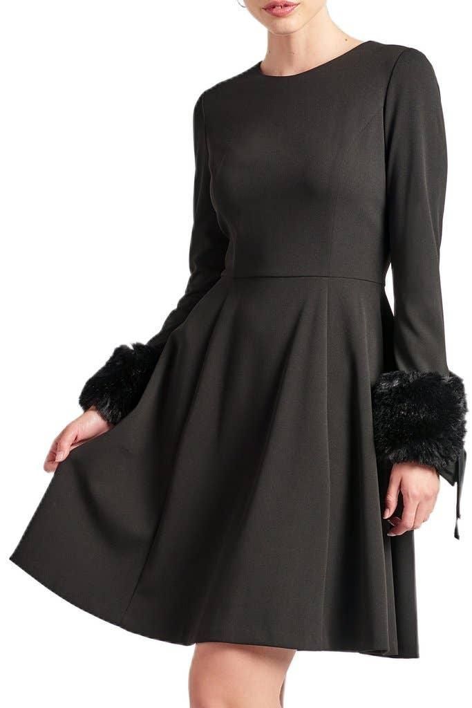 Caroline Dress - Crepe fit & flare dress with faux fur cuffs - BTK COLLECTIONS