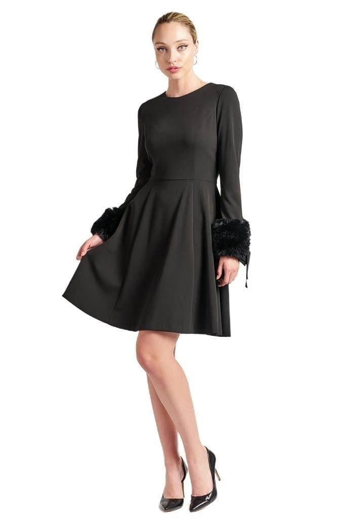 Caroline Dress - Crepe fit & flare dress with faux fur cuffs - BTK COLLECTIONS