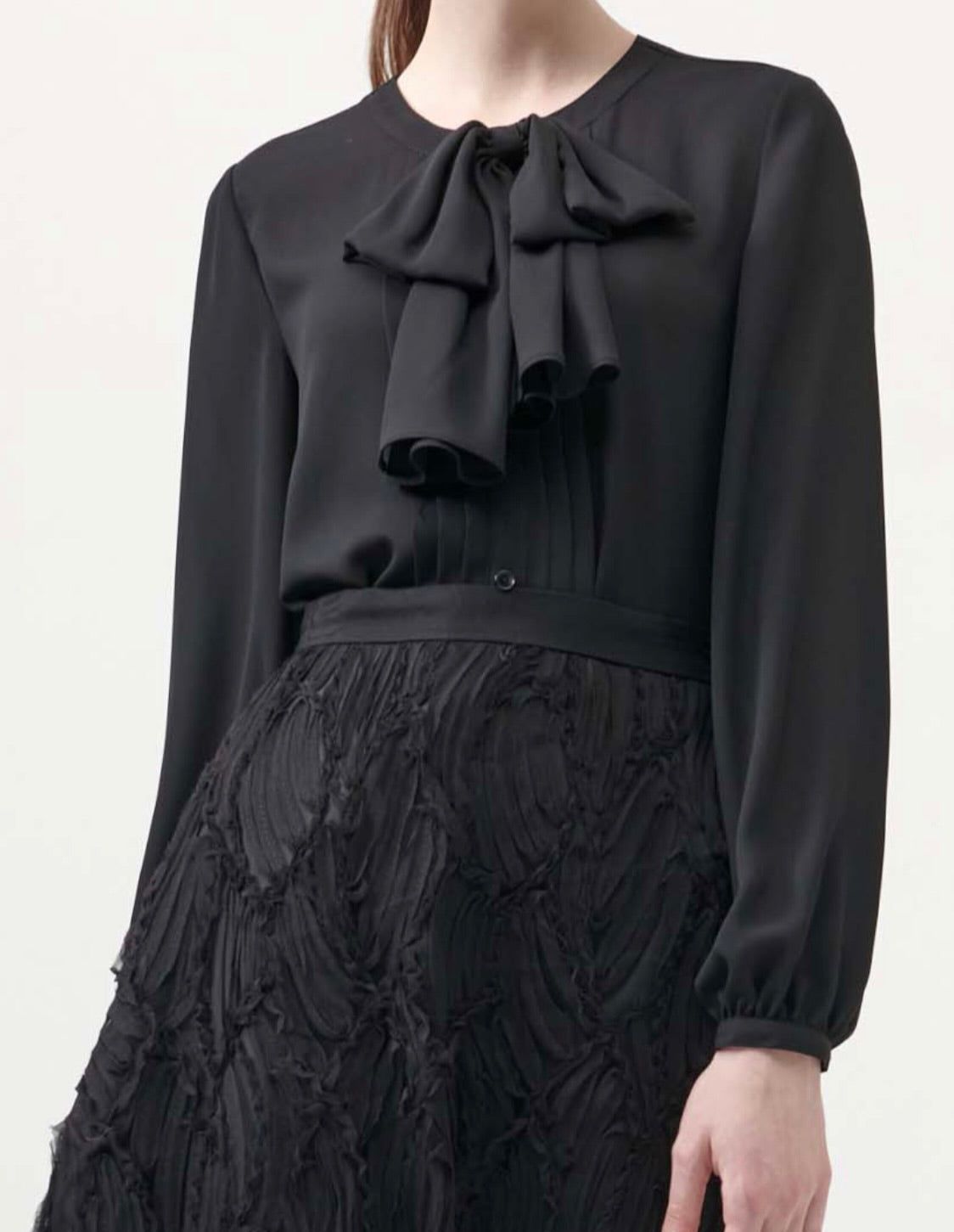 Center Pleats Button Tops With Extra Bow Blouse - BTK COLLECTIONS