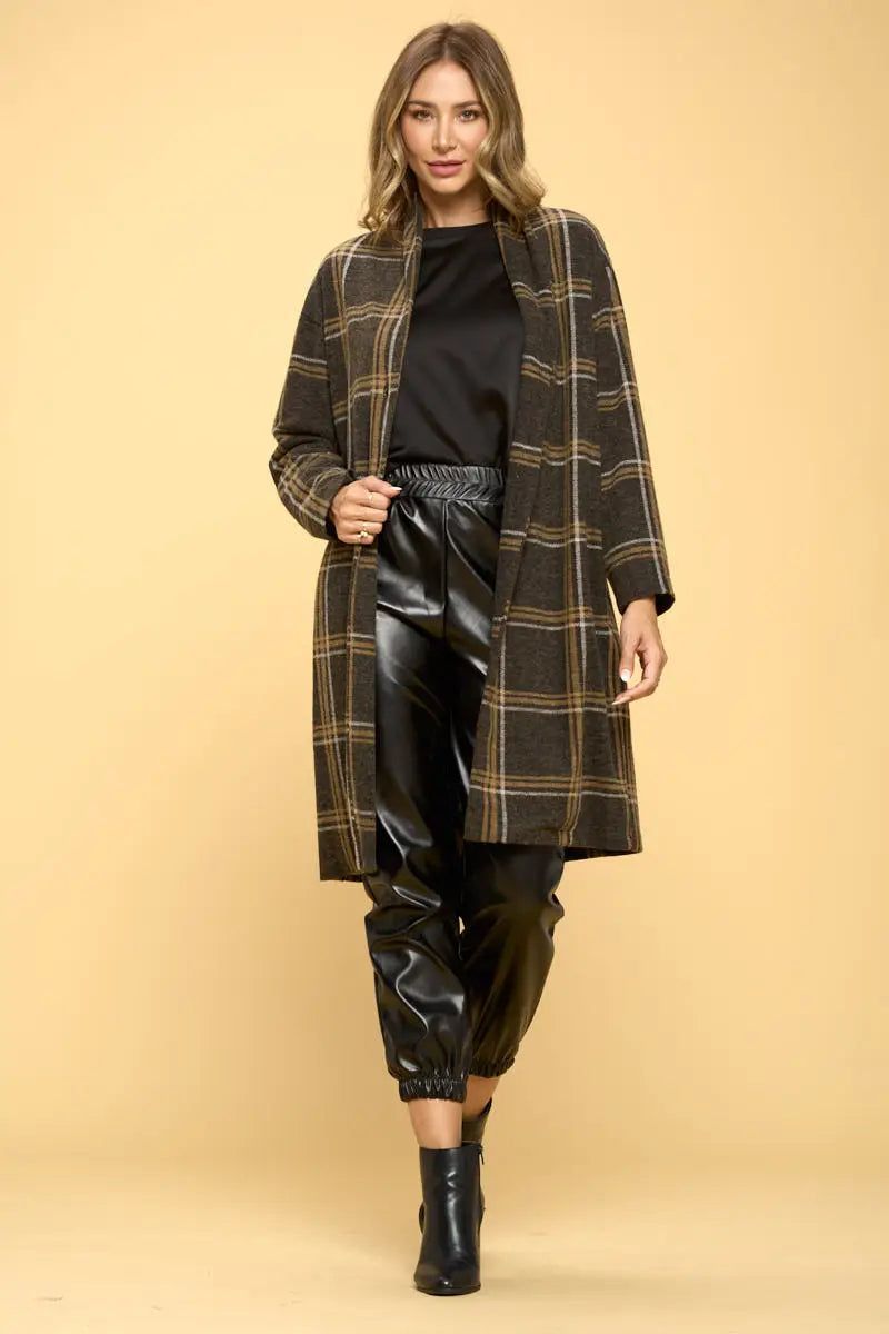 Charcoal Plaid Coat with Buttons and Pockets - BTK COLLECTIONS