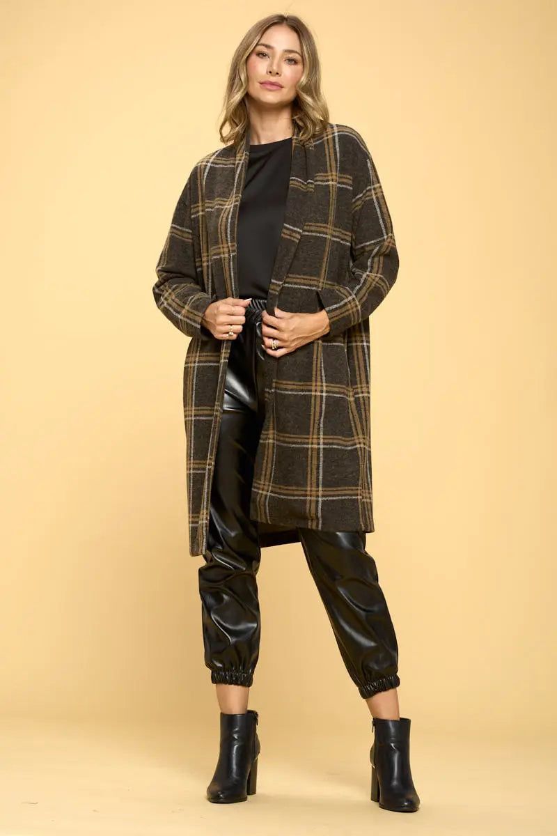 Charcoal Plaid Coat with Buttons and Pockets - BTK COLLECTIONS