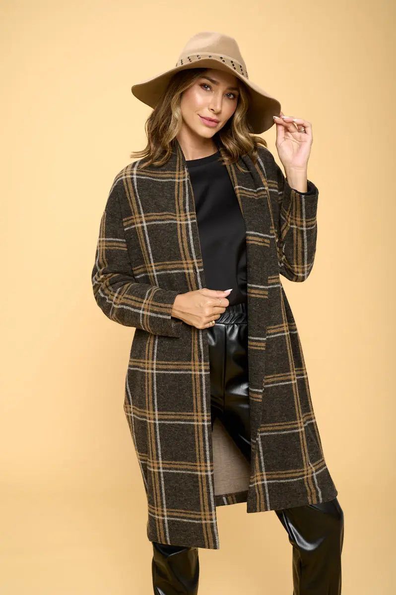 Charcoal Plaid Coat with Buttons and Pockets - BTK COLLECTIONS