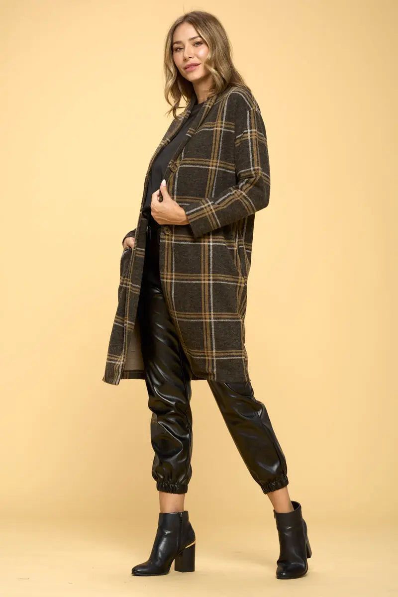 Charcoal Plaid Coat with Buttons and Pockets - BTK COLLECTION