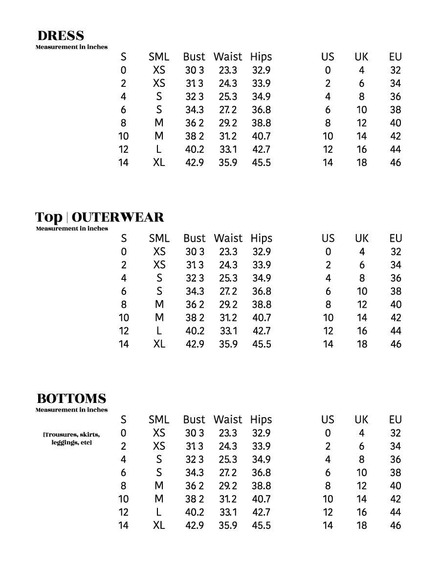 BEULAH STYLE Size chart