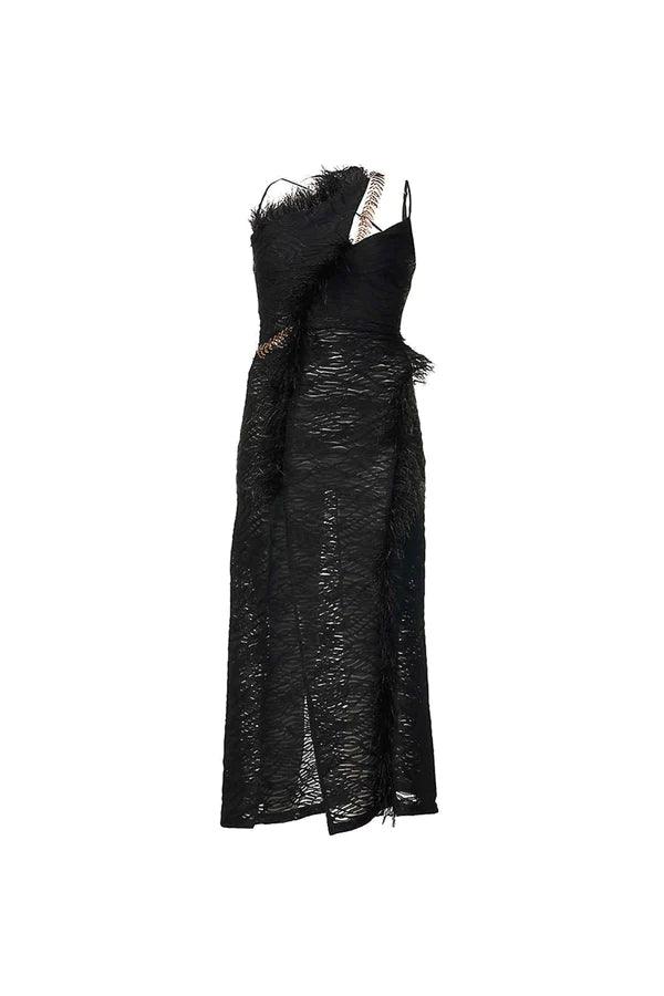 Black asymmetric faux feather trim evening midi dress with slit by Amy Lynn