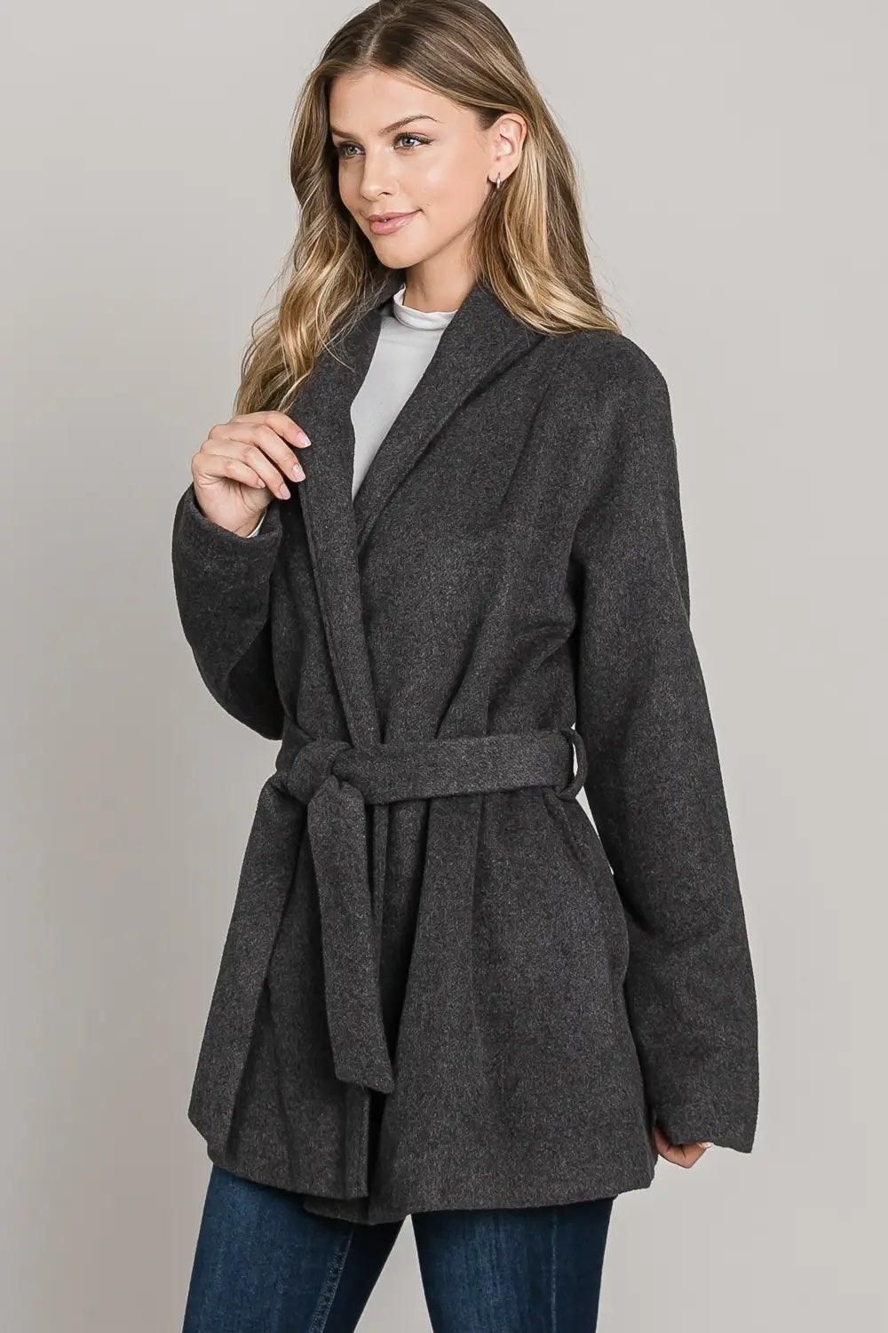 Collared Pocket Wrap Coat - BTK COLLECTIONS