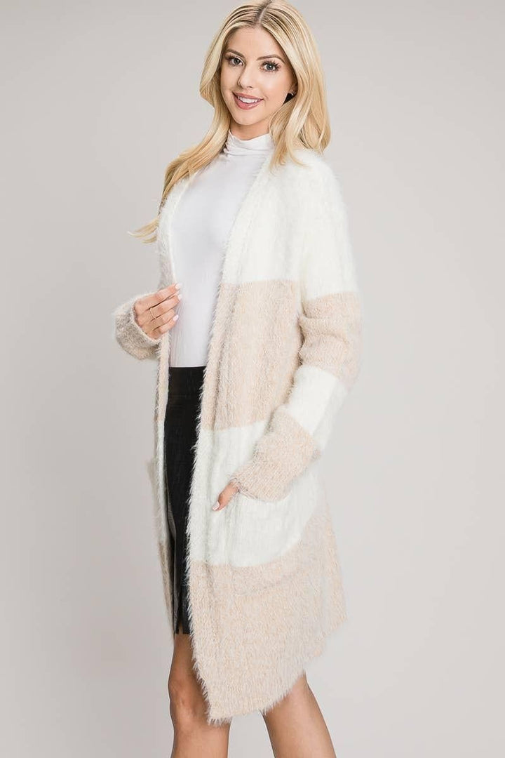 Cozy Eyelash Color block Open Cardigan - BTK COLLECTIONS