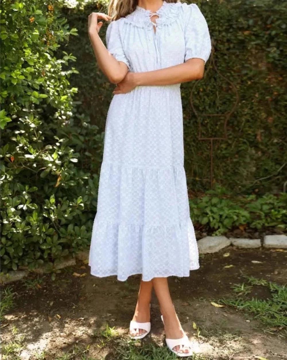 Model wearing Adelyn Rae's Darlene Burnout Chiffon Smocked Midi Dress in light blue, featuring a delicate burnout pattern, ruffled neckline, and a comfortable smocked waist, perfect for a stylish outdoor gathering - BTK COLLECTION