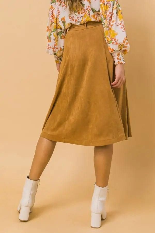 Faux Suede Camel Midi Skirt - BTK COLLECTIONS