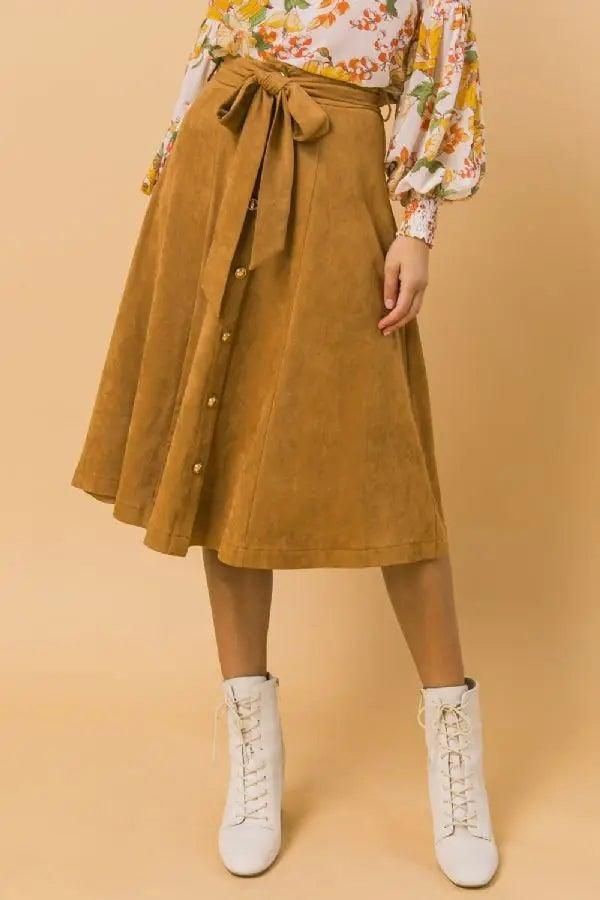 Faux Suede Camel Midi Skirt - BTK COLLECTIONS