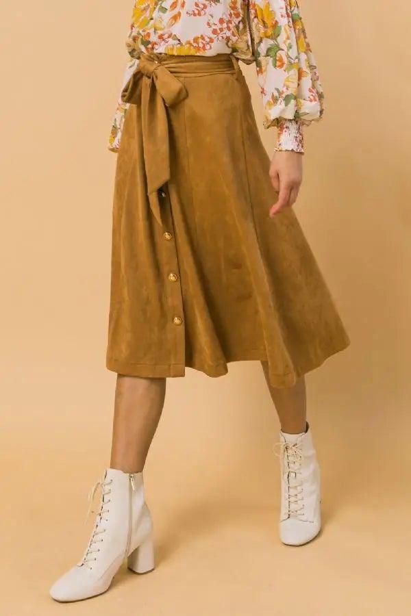 Faux Suede Camel Midi Skirt - BTK COLLECTIONS