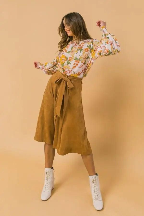 Faux Suede Camel Midi Skirt - BTK COLLECTIONS