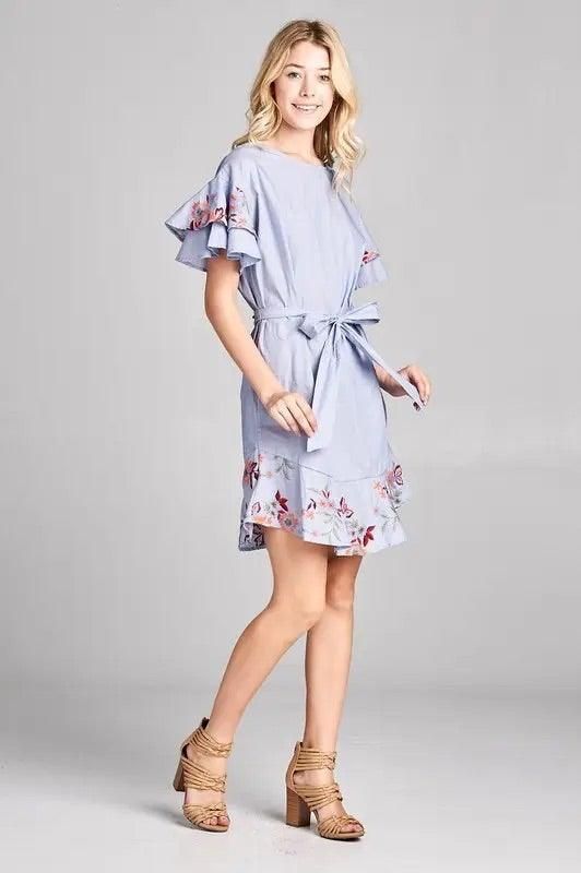 Floral Embroidery Dress with Ruffles and Tie - BTK COLLECTIONS