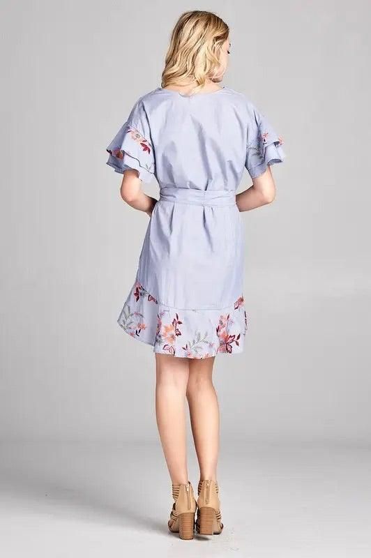 Floral Embroidery Dress with Ruffles and Tie - BTK COLLECTIONS