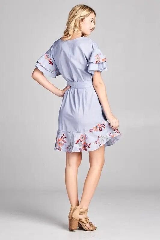 Floral Embroidery Dress with Ruffles and Tie - BTK COLLECTIONS