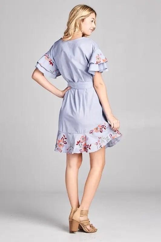 Floral Embroidery Dress with Ruffles and Tie - BTK COLLECTION