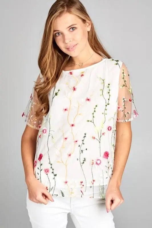 Front view of the white mesh blouse showing floral embroidery, a round neckline and sheer short sleeves.