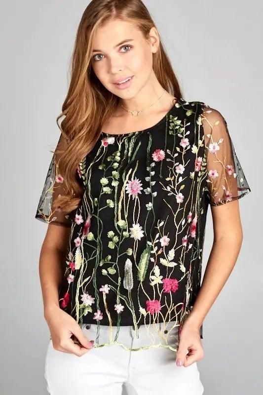 Floral Print Embroidered Top with Sheer Sleeve - BTK COLLECTIONS