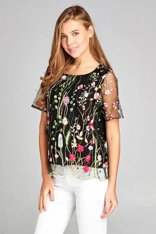 Floral Print Embroidered Top with Sheer Sleeve - BTK COLLECTIONS