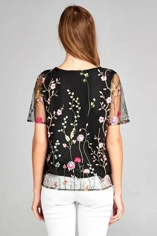 Floral Print Embroidered Top with Sheer Sleeve - BTK COLLECTIONS