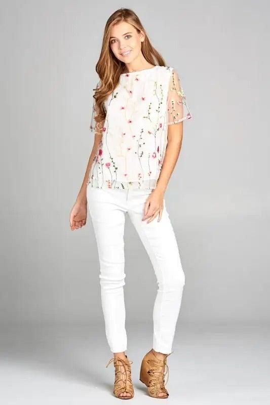 Floral Print Embroidered Top with Sheer Sleeve - BTK COLLECTIONS