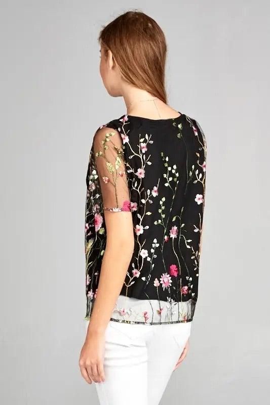 Floral Print Embroidered Top with Sheer Sleeve - BTK COLLECTIONS