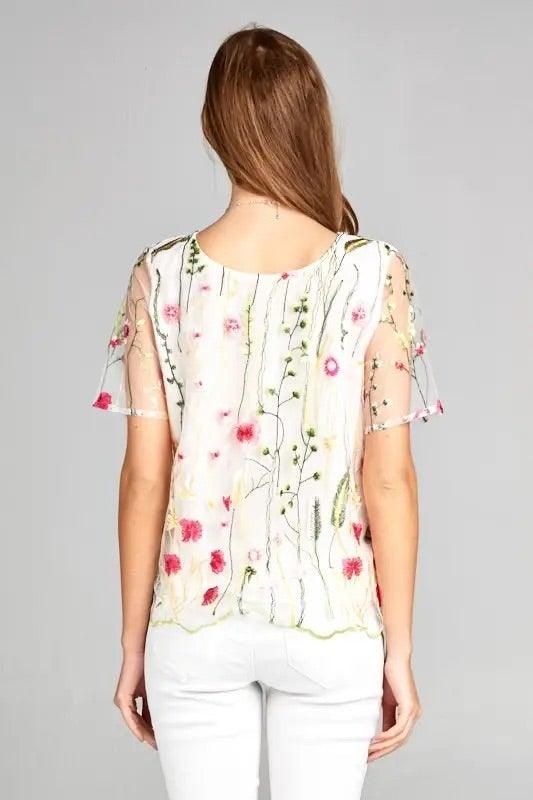 Floral Print Embroidered Top with Sheer Sleeve - BTK COLLECTIONS