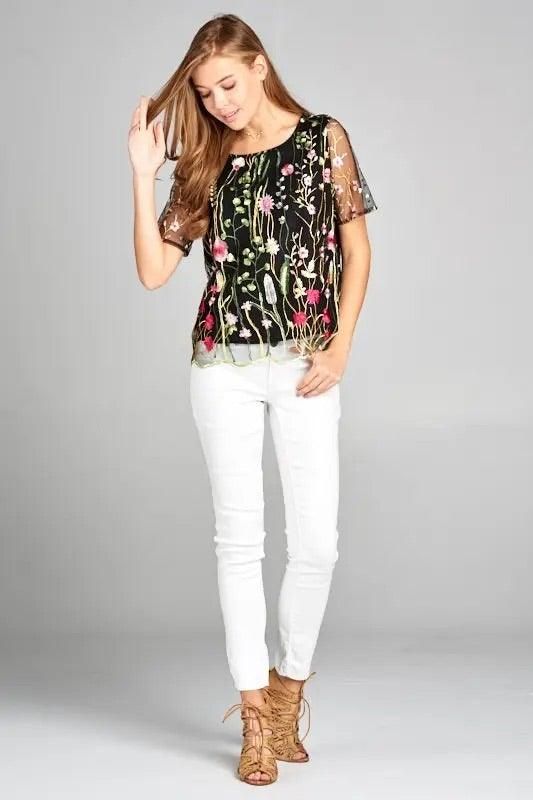 Floral Print Embroidered Top with Sheer Sleeve - BTK COLLECTION