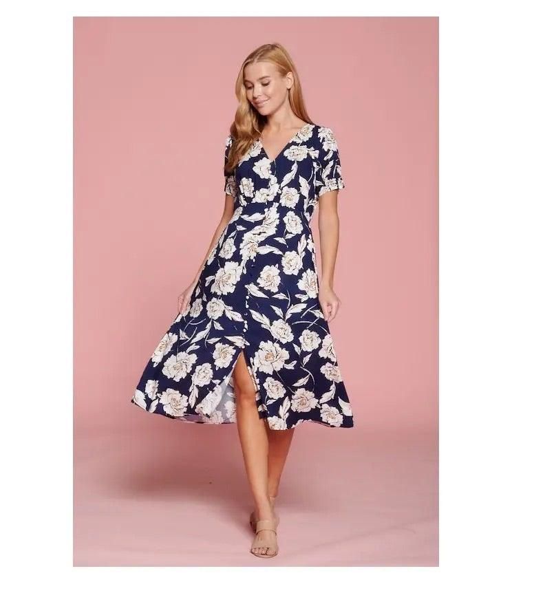 Floral Print Midi Dress With Button Detail - BTK COLLECTIONS