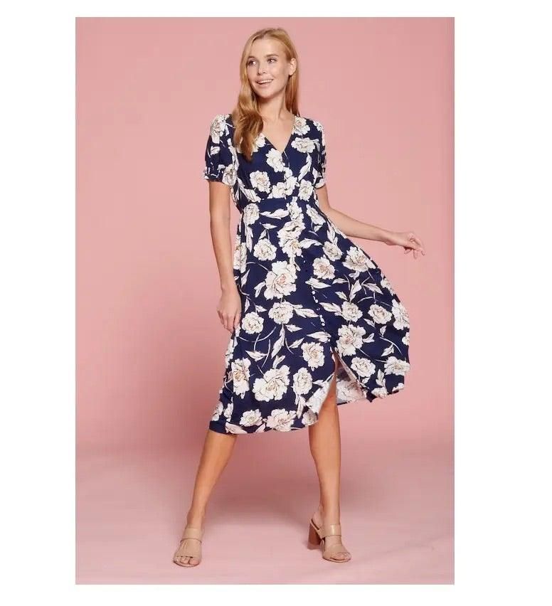 Floral Print Midi Dress With Button Detail - BTK COLLECTION