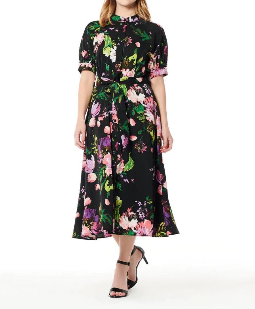 Floral Print Puffed Sleeve Belted A-Line Maxi Dress - BTK COLLECTION
