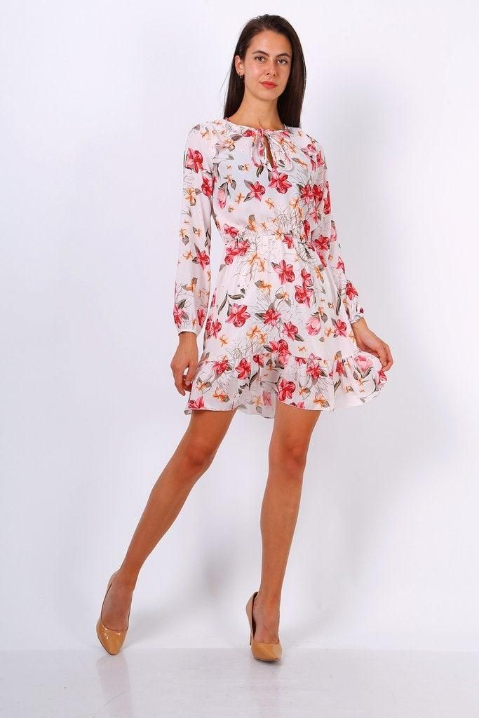 Floral Print Tie Neck Shift Dress - BTK COLLECTIONS