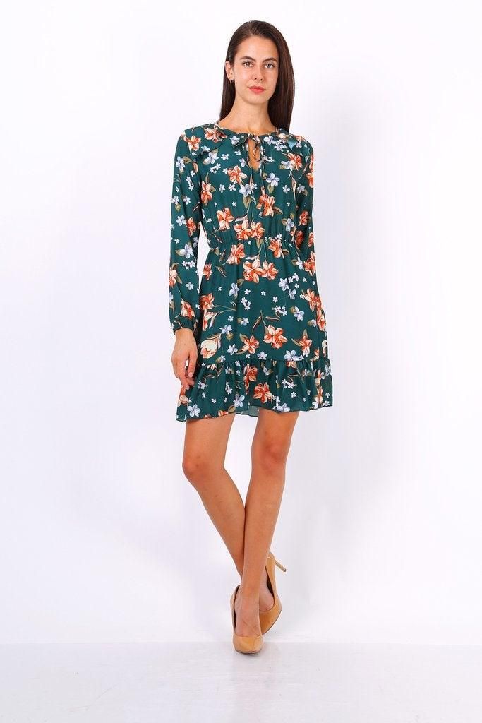 Floral Print Tie Neck Shift Dress - BTK COLLECTIONS