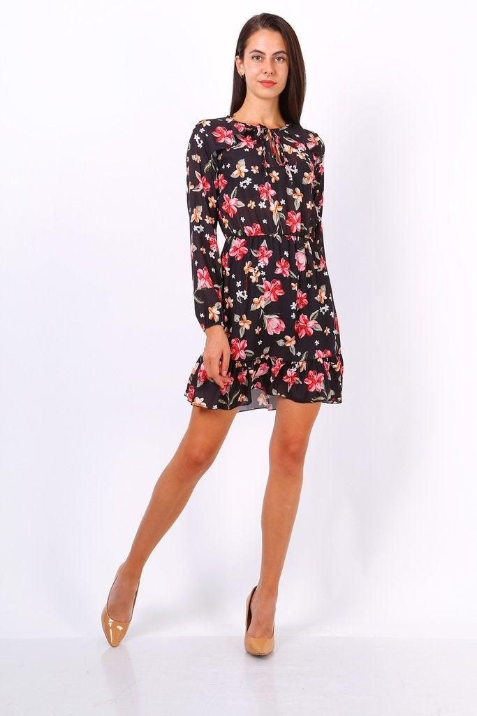 Floral Print Tie Neck Shift Dress - BTK COLLECTIONS