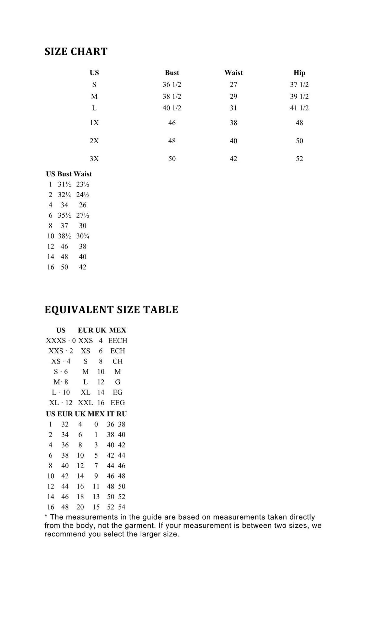 Renee C Size chart