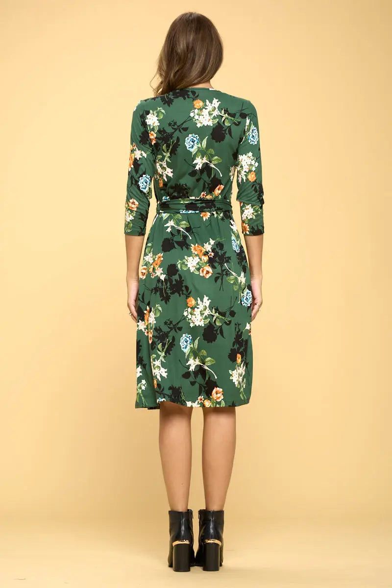 Floral Print V-Neck Jersey Wrap Dress - BTK COLLECTION