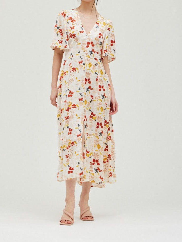 Floral Satin Print Midi Dress - BTK COLLECTION