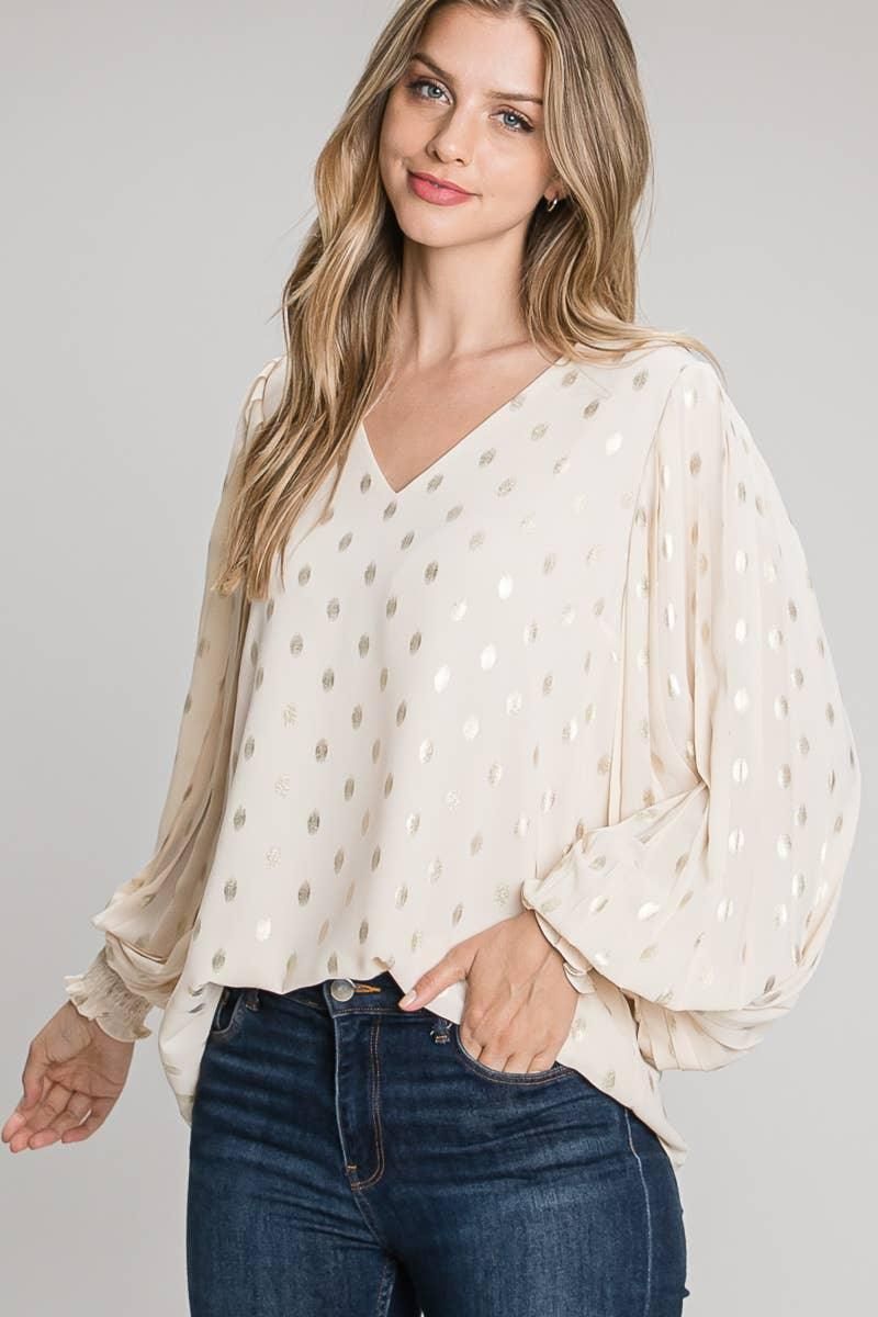 Foiled Dot Pleated Smocked Cuff Sleeve Blouse - BTK COLLECTIONS