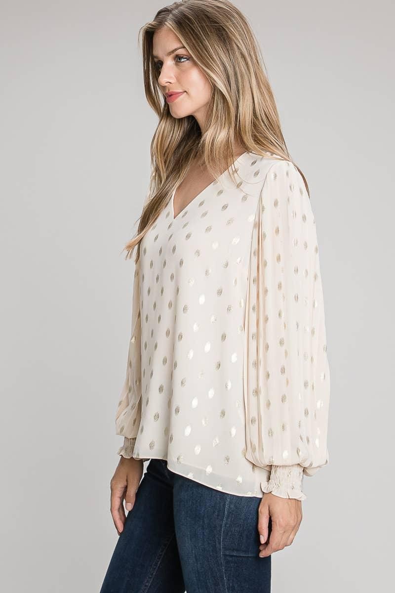 Foiled Dot Pleated Smocked Cuff Sleeve Blouse - BTK COLLECTIONS