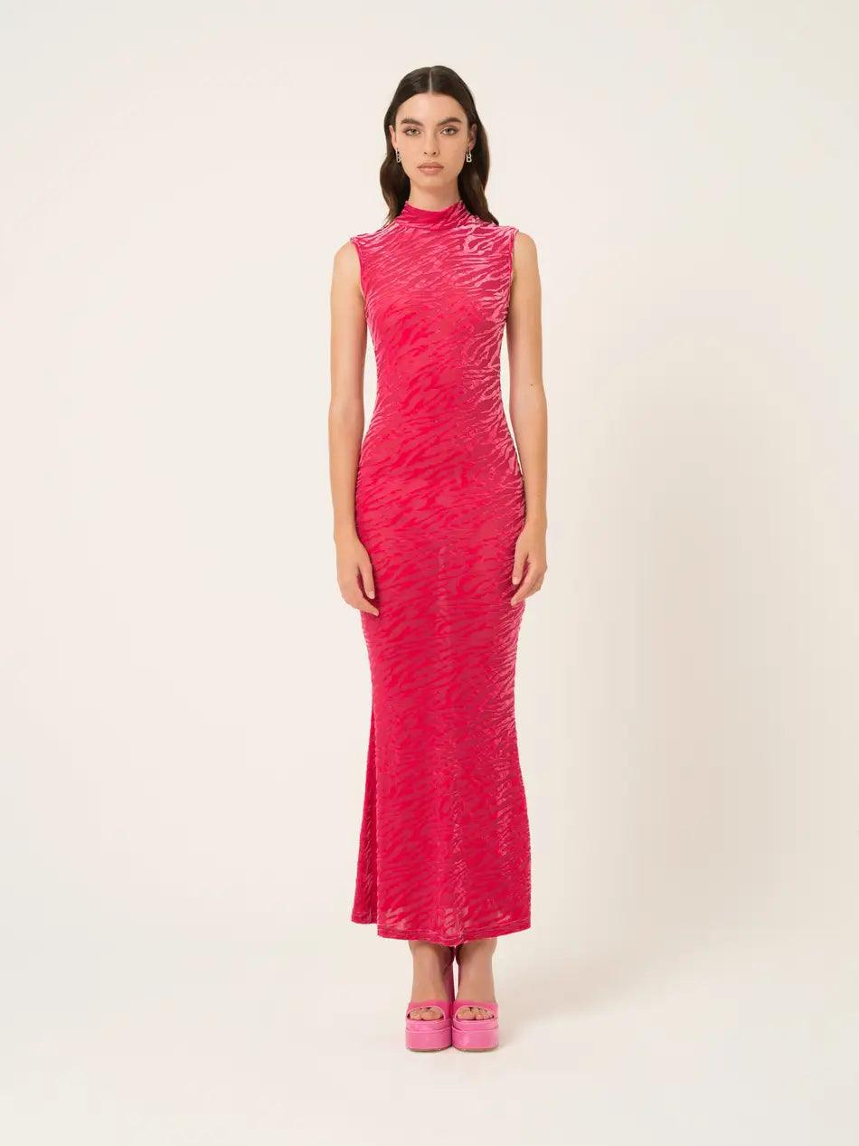 Hot pink zebra textured high neck sleeveless maxi dress by Amy Lynn