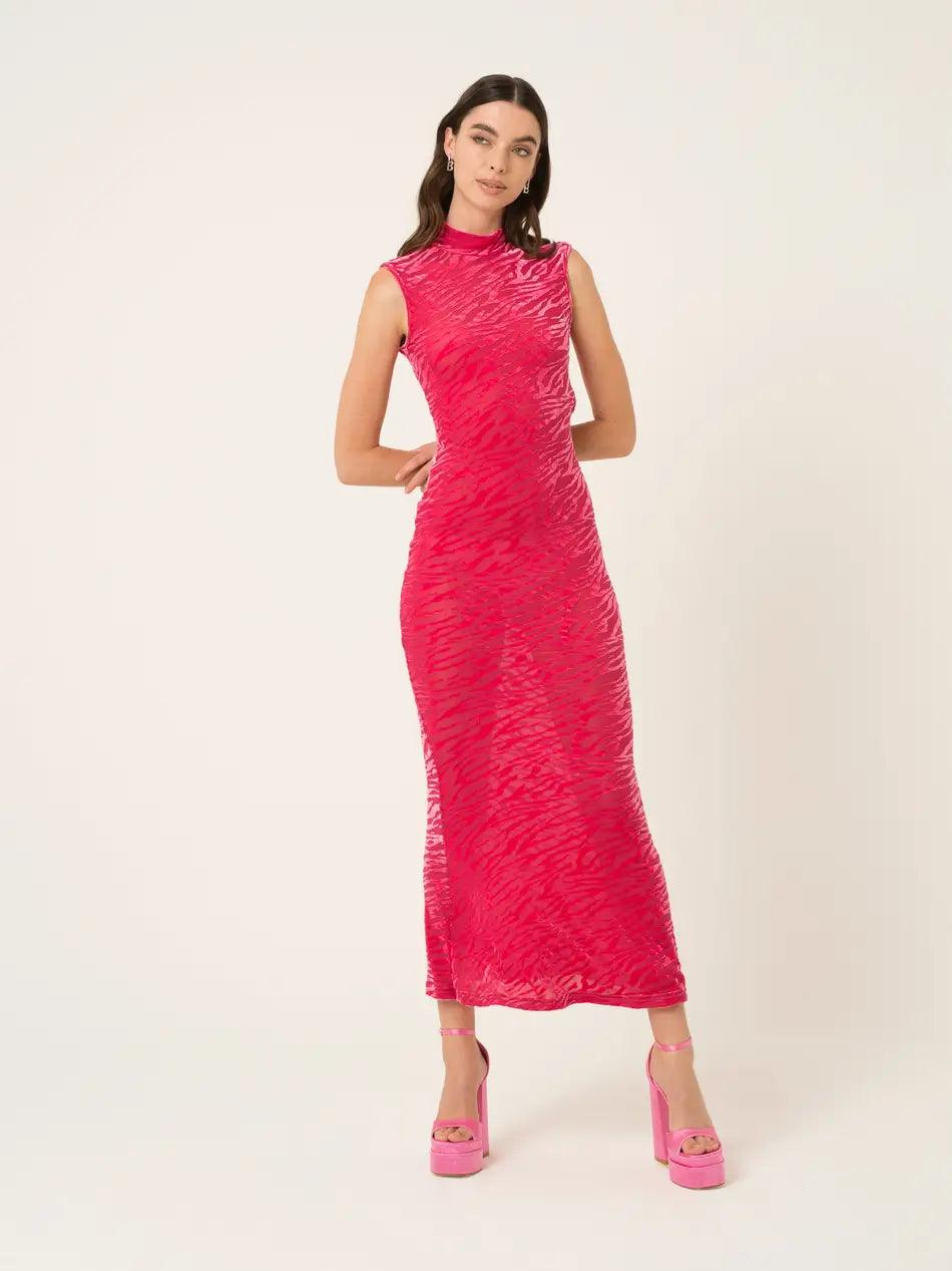 Women’s hot pink high neck maxi dress with tonal zebra texture and fitted silhouette