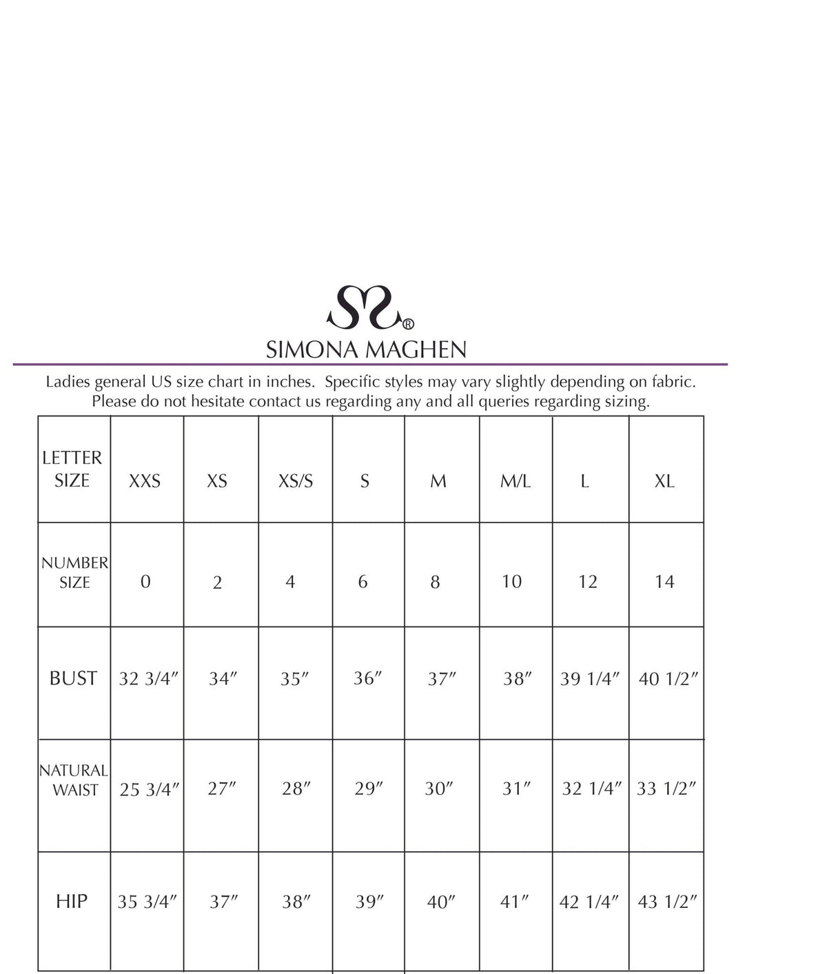 Simona Maghen Size chart