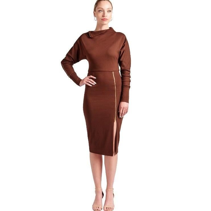 Josefa Asymmetric Dress - Long sleeve convertible midi dress - BTK COLLECTIONS