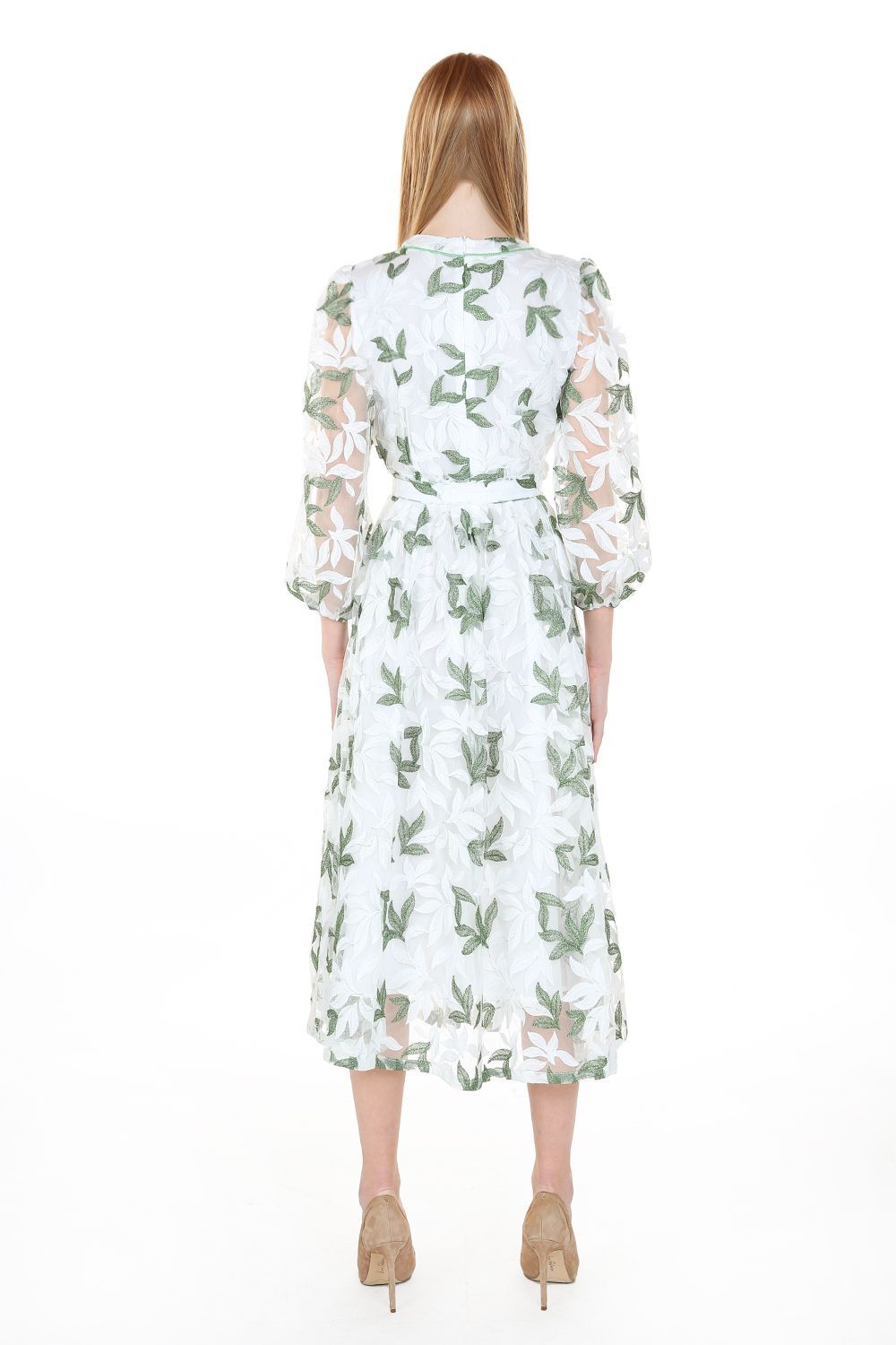 Leaves Embroidery Waist Belt Mesh Dress - BTK COLLECTIONS