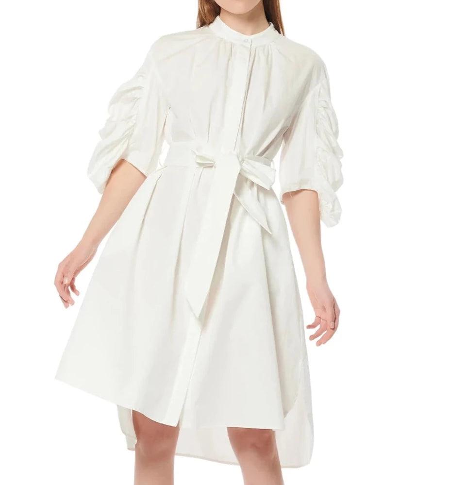 Long Button Down Belted Dress With Ruched Puff Sleeve - BTK COLLECTIONS