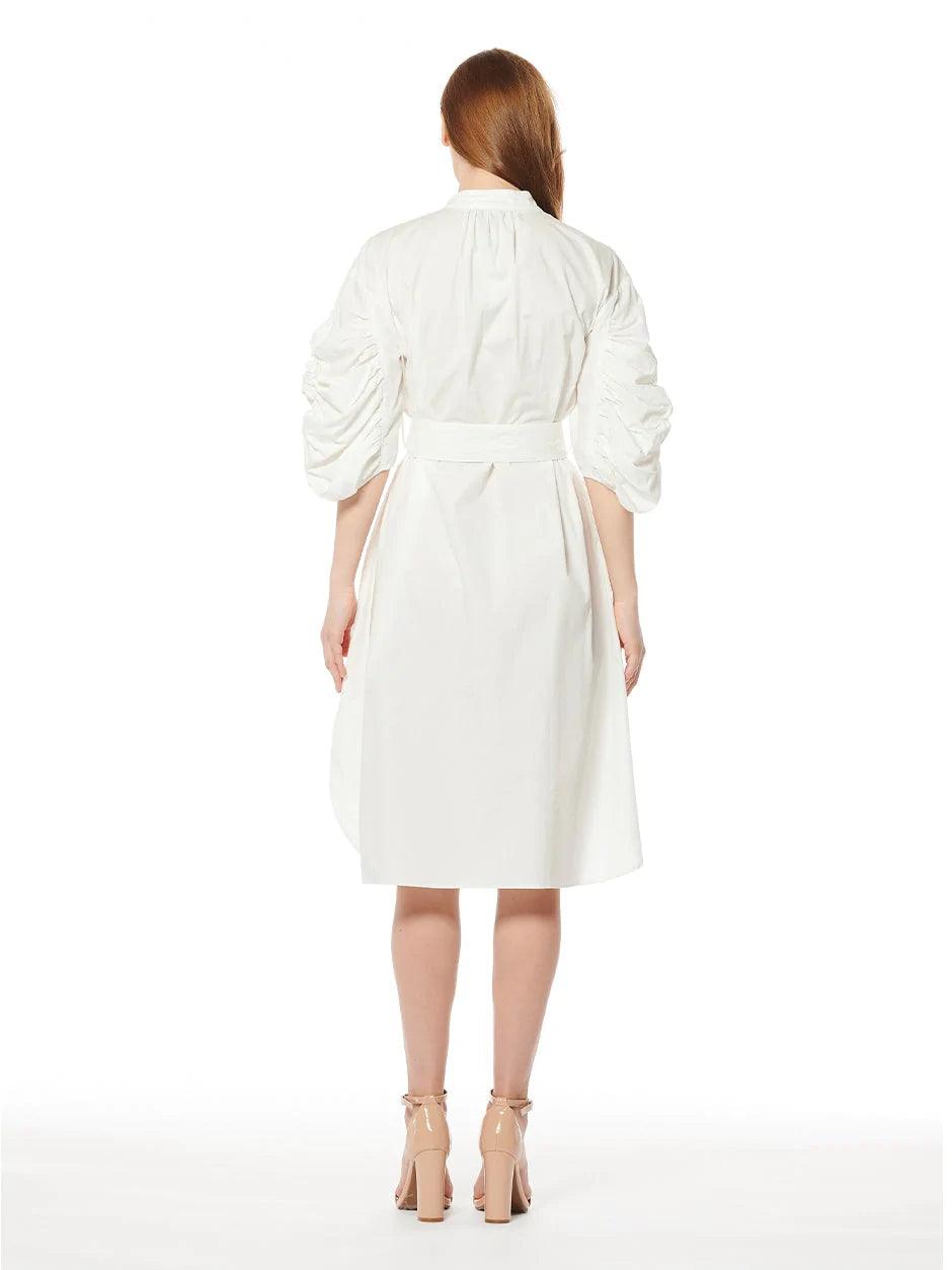 Long Button Down Belted Dress With Ruched Puff Sleeve - BTK COLLECTION