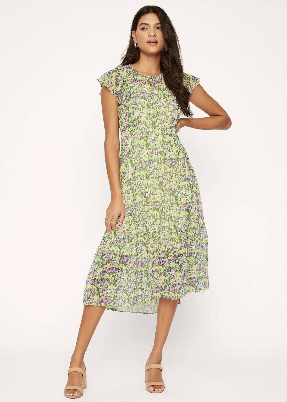 Matisse's Dream floral midi dress showing short flutter sleeves and a gently flared skirt with ruffled hem