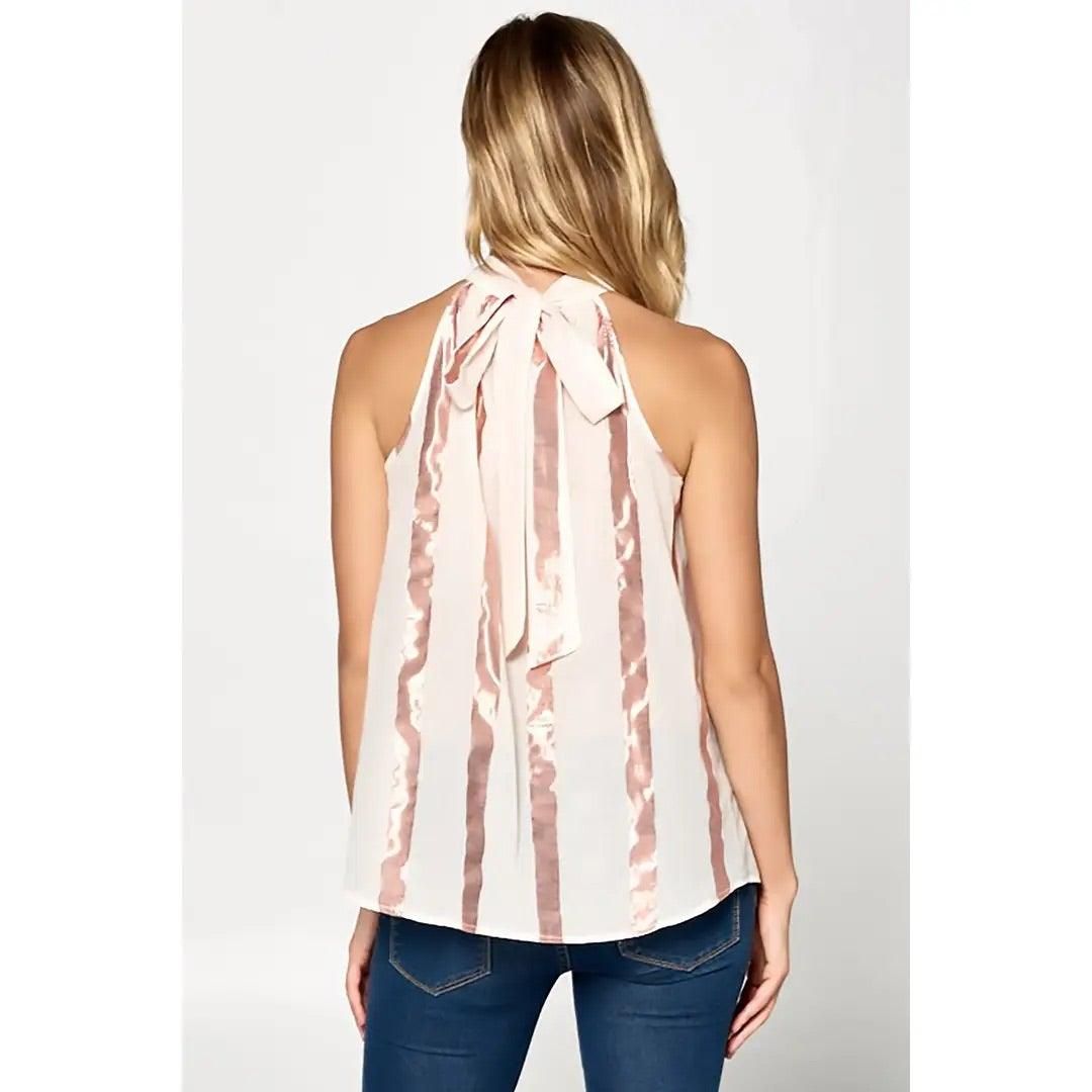 Metallic Striped High Neck Top with Back Tie - BTK COLLECTIONS