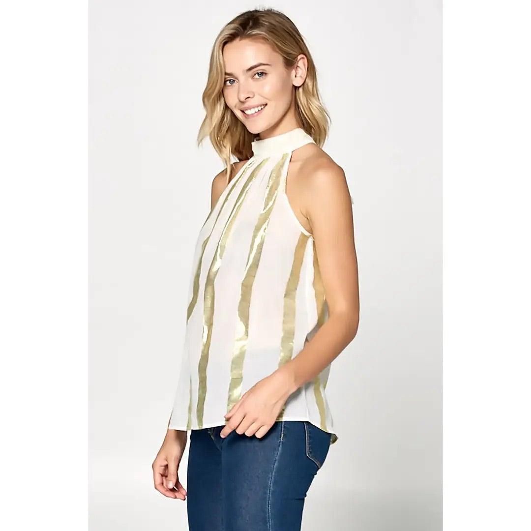 Metallic Striped High Neck Top with Back Tie - BTK COLLECTIONS