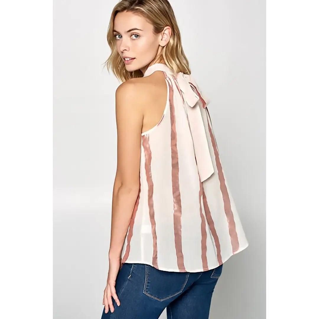 Metallic Striped High Neck Top with Back Tie - BTK COLLECTIONS